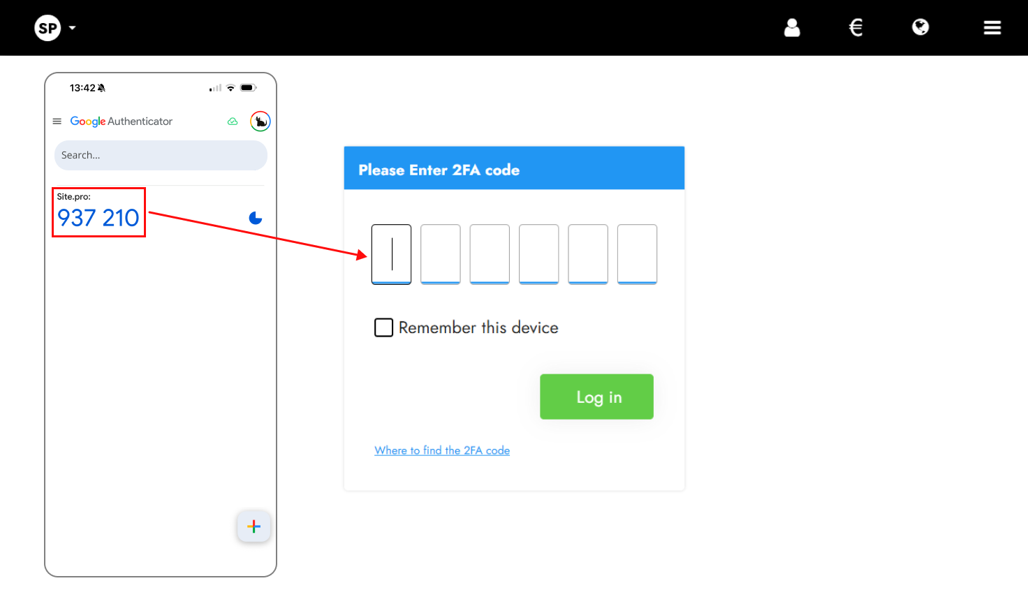 6-digit code generated by the app